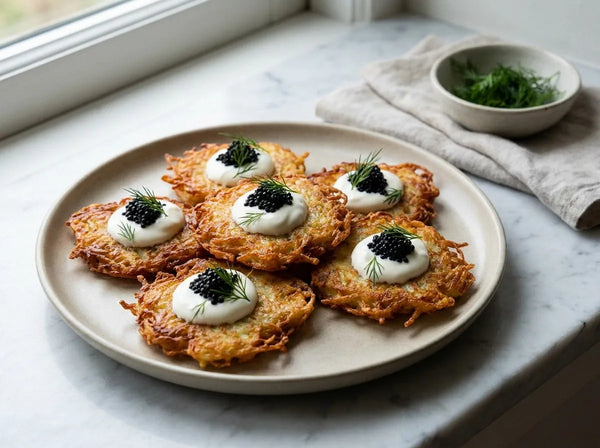 Crisp potato latkes topped with creme fraiche, caviar and dill