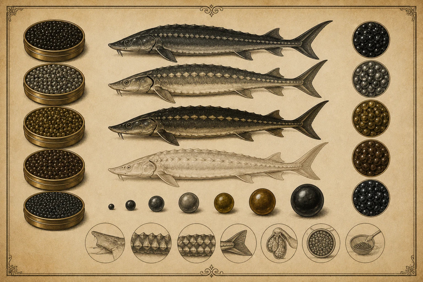 An illustrated chart of sturgeon species, caviar tins, pearl sizes and tasting details, in the style of an antique natural history plate.