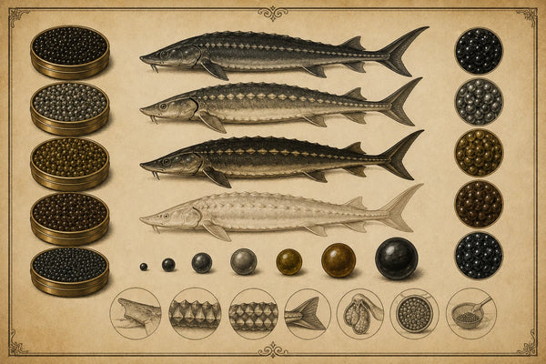 An illustrated chart of sturgeon species, caviar tins, pearl sizes and tasting details, in the style of an antique natural history plate.