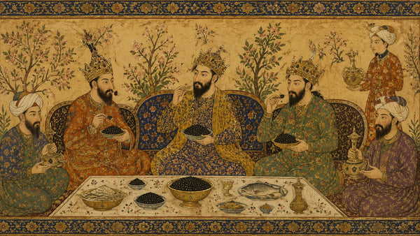 A Persian miniature-style painting of crowned ancient Persian rulers seated together, eating spoonfuls of black caviar from gold bowls amid floral motifs and attendants holding ornate vessels.
