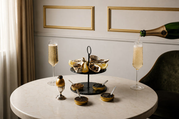 An editorial Champagne and caviar setting: two flutes of Champagne, an open bottle being poured, four open tins of caviar, oysters with caviar and lemon on a tiered stand, all on a round marble table.