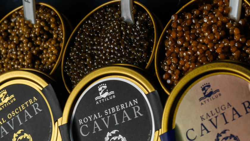 Eight types of caviar arranged side by side, showing the range of pearl colour and size.