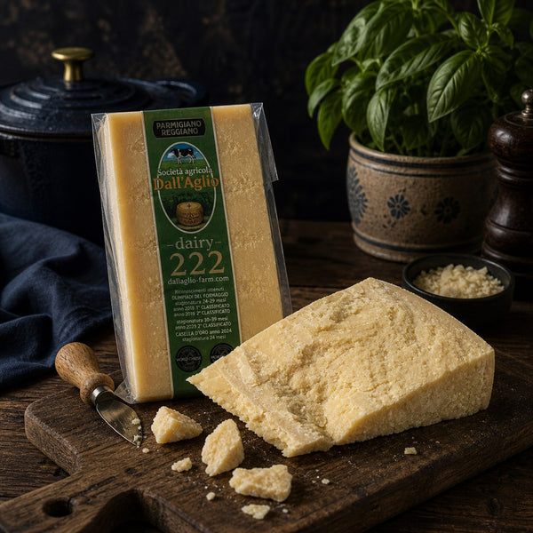 Dall'Aglio Parmigiano Reggiano DOP packaged wedge with the Caseificio 222 dairy label