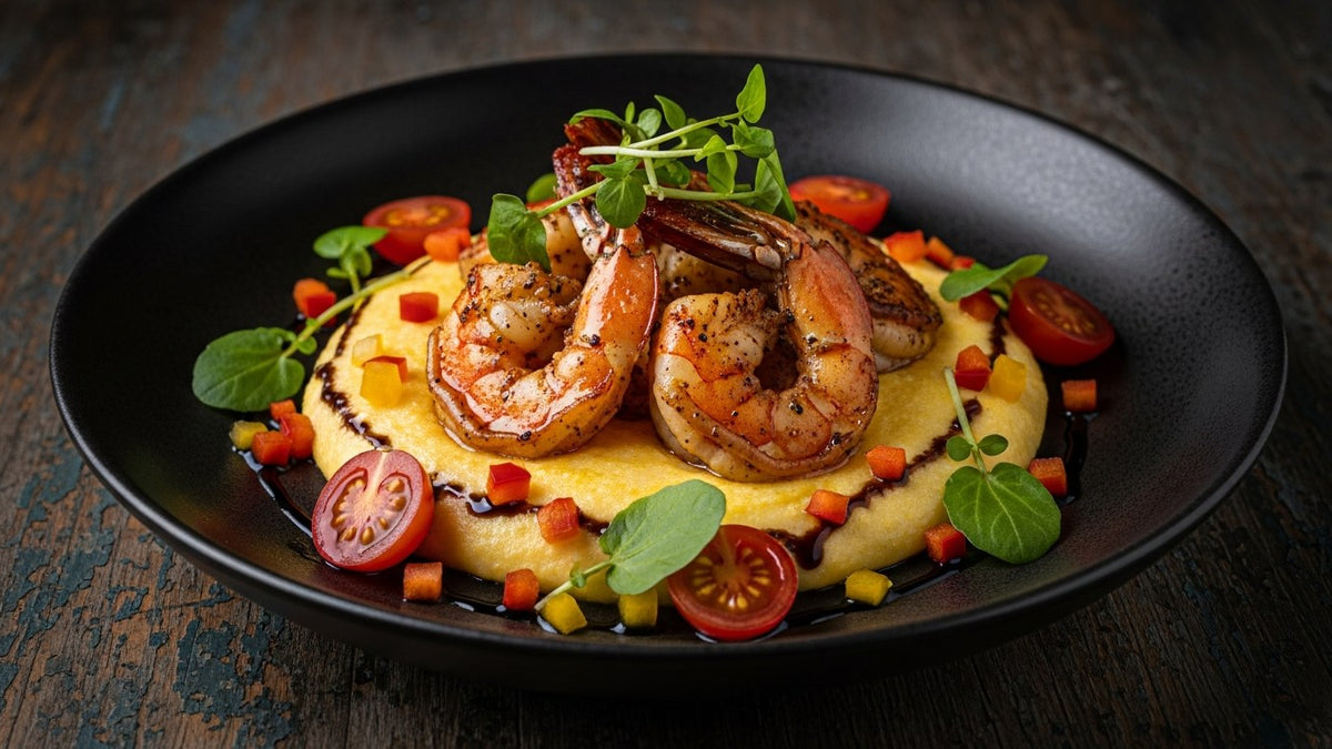 Blackened Shrimp with Parmigiano Polenta and Balsamic