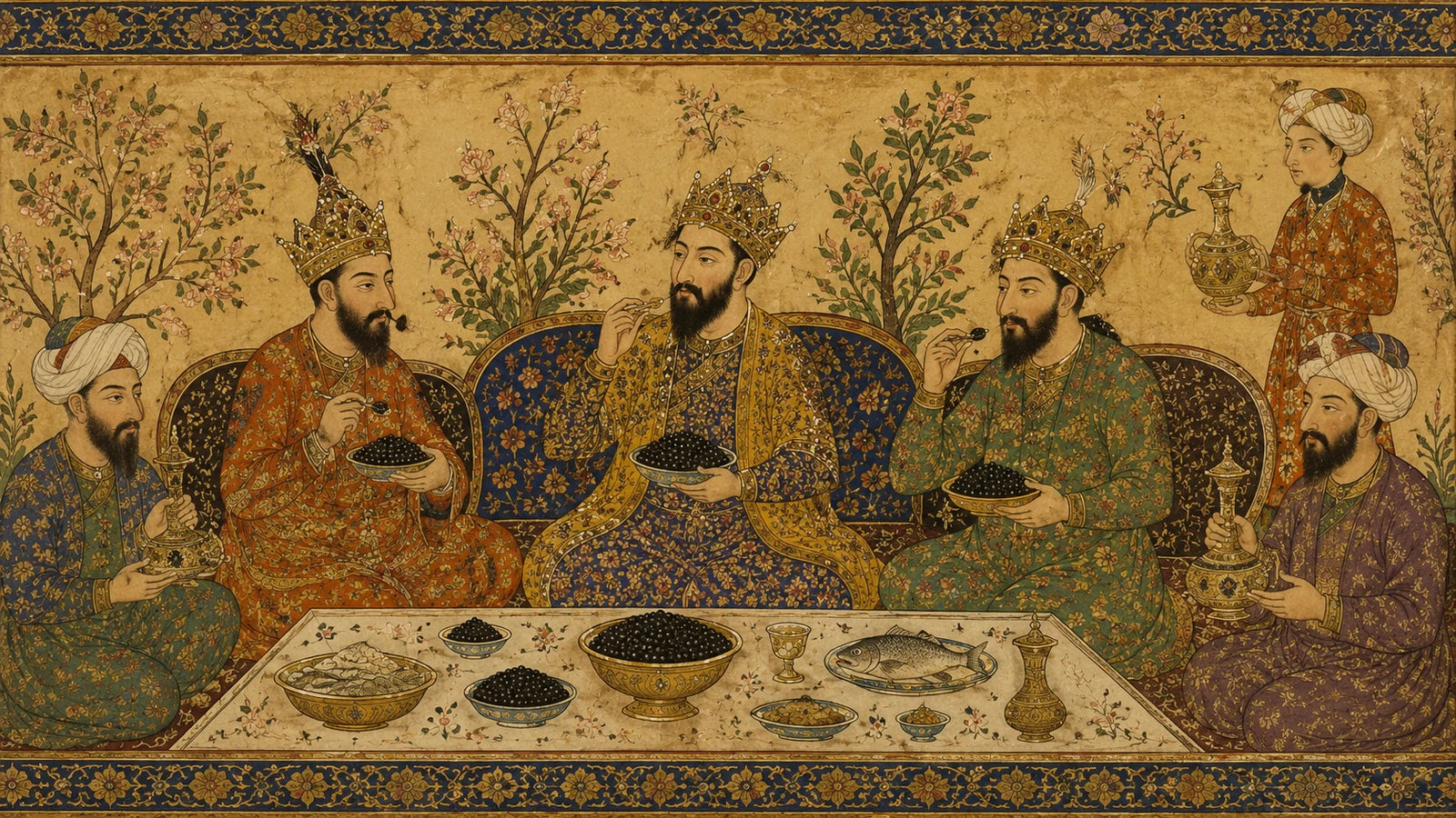 A Persian miniature-style painting of crowned ancient Persian rulers seated together, eating spoonfuls of black caviar from gold bowls amid floral motifs and attendants holding ornate vessels.
