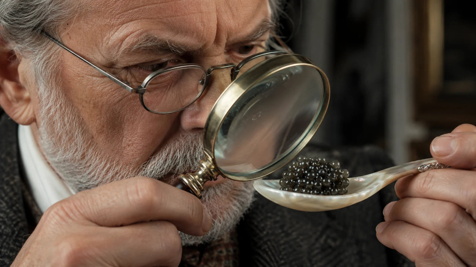 A bearded connoisseur in spectacles inspects glossy caviar pearls on a mother-of-pearl spoon through a brass magnifying glass.