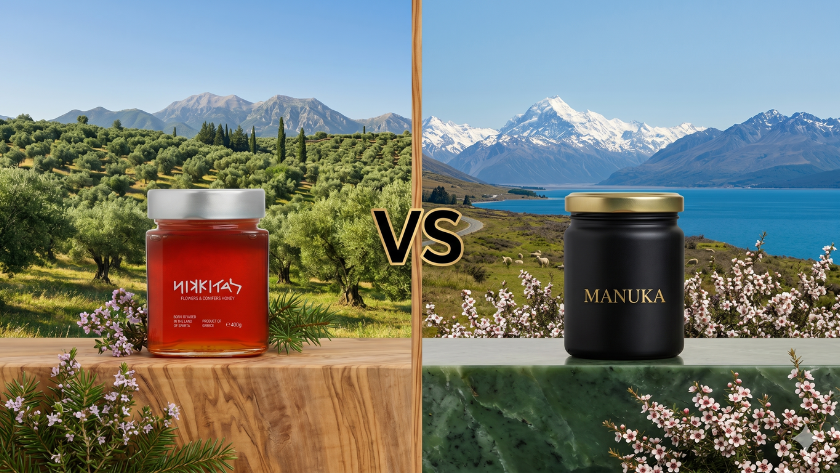 Side-by-side comparison of a jar of Manuka honey from New Zealand and a jar of Greek thyme honey, each set against its native landscape