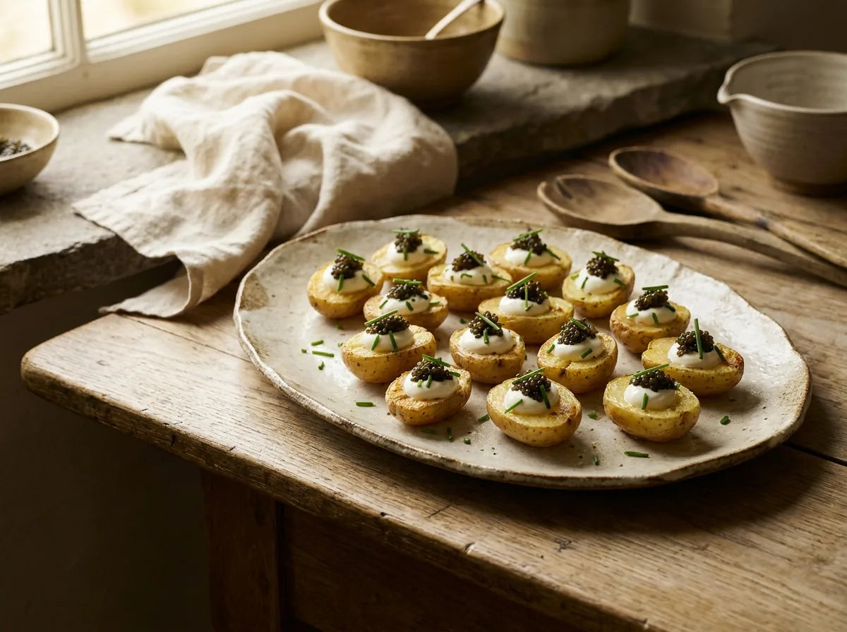 new potatoes with creme fraiche and caviar