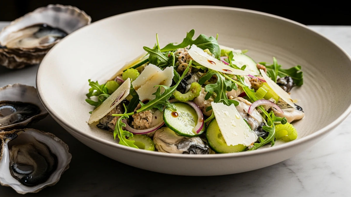 A platter of dressed oyster salad with Parmigiano shavings, rocket, cucumber and celery, drizzled with traditional balsamic and Nikkitas olive oil.