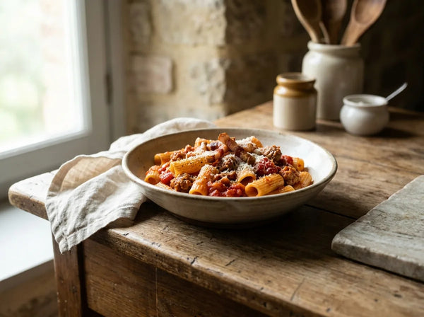 pasta alla zozzona with guanciale and sausage