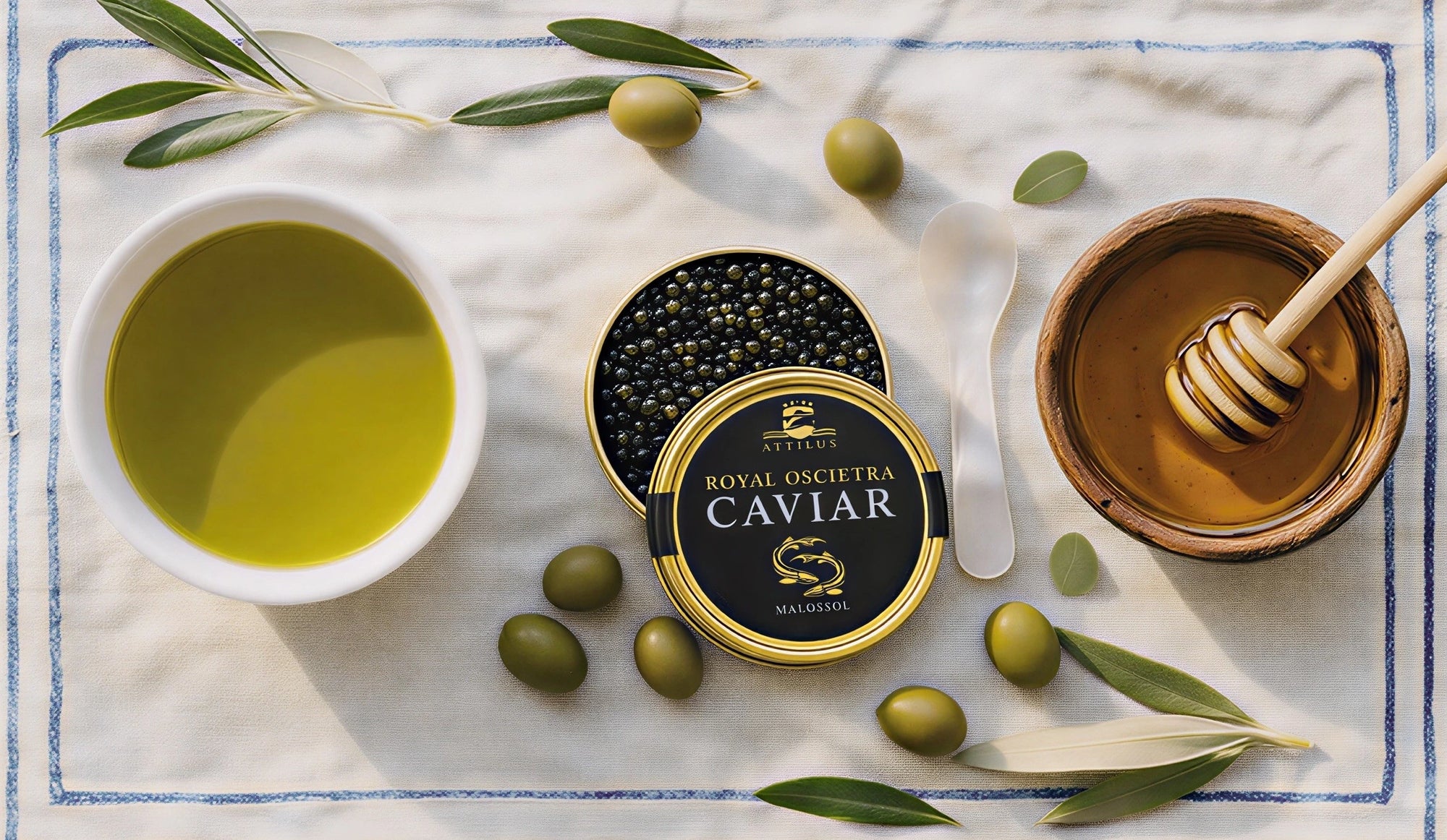 Homepage hero — caviar, olive oil and honey
